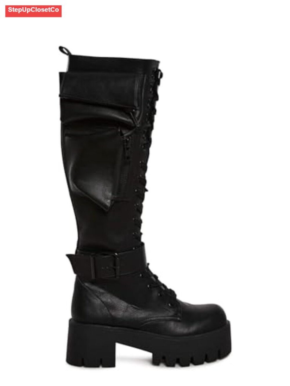 Vegan Leather Knee-High Combat Boots Platform Lace Up Buckle Straps